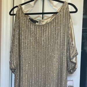 Adrianna Papell Cream Gold Sequin 3/4 Sleeve Blouse